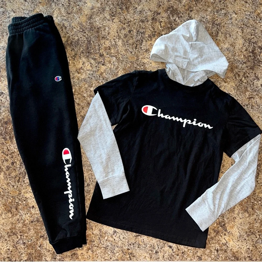 Champion Boys Sz M 2 Piece Bundle Black Gray Long Sleeve Hoodie Tee Joggers Set